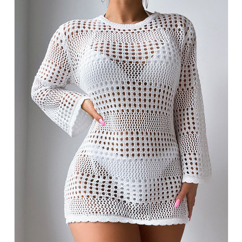 Vacation Casual Hollow Out Cutout Out Long Sleeve Pullover Solid Color Sun Protection Shirt Mid Length Beach Cover Up Crochet hook